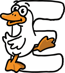 Silly cartoon goose letter character shaped like letter E. Funny alphabet animal for kids education and learning design