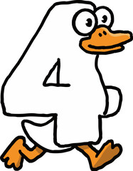 Silly goose letter number four goose cartoon running. funny and cheerful character for kid education or design