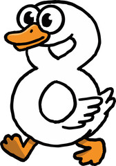 Silly walking cartoon goose number eight character. happy funny goose letter illustration with cheerful expression