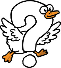 Silly goose letter question mark character running with confused expression. This funny cartoon bird icon problem