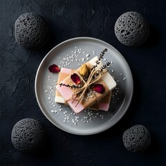 Handmade Soap Bars with Natural Decorations on a Plate Surrounded by Lava Stones and Dark Background