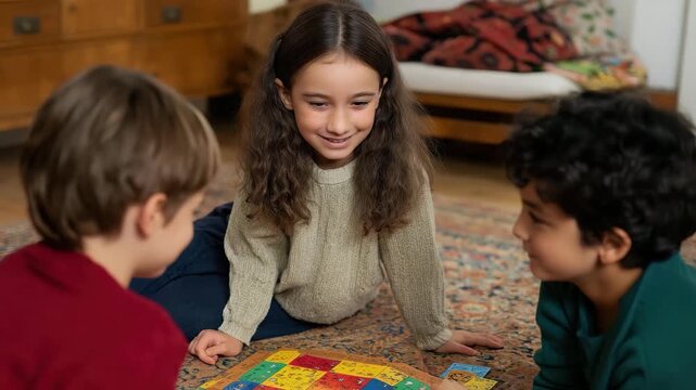 A joyful scene featuring three children playing a board game together on a cozy living room floor, showcasing their friendship and fun interaction amid a warm atmosphere.