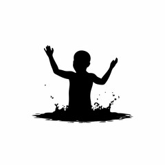 Silhouette of a boy splashing water in a pool isolated on white background