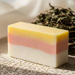 Handmade layered soap bar with herbs on a textured surface organic beauty care