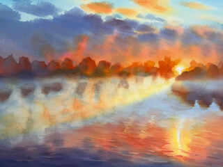 Evening by the lake in evening sunlight watercolor background