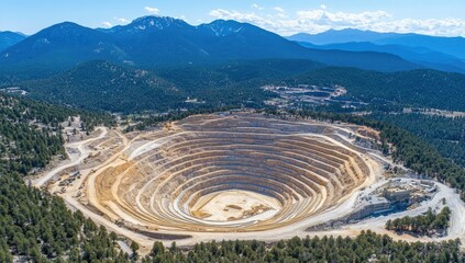 Large open-pit mine surrounded by forest and mountains