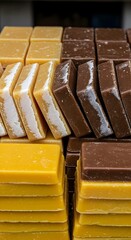 Assorted handmade soap bars in yellow and brown tones create a luxurious and appealing background texture