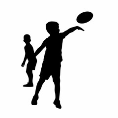 Silhouette of a boy throwing a frisbee isolated on white background