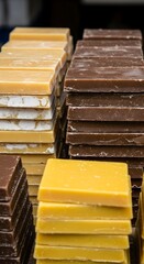Stacks of natural organic beeswax blocks in different colors for cosmetics or candle making