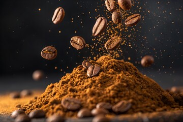 Roasted coffee beans falling onto ground coffee pile on transparent background