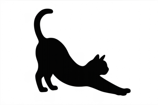 Black cat stretching with its back arched and front paws extended - Powered by Adobe