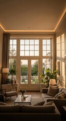 Fototapeta premium Elegant living room with warm ambient lighting and a view to the outside