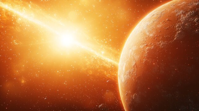Orange planet illuminated by brilliant golden cosmic light and energy beam in starry space - Powered by Adobe