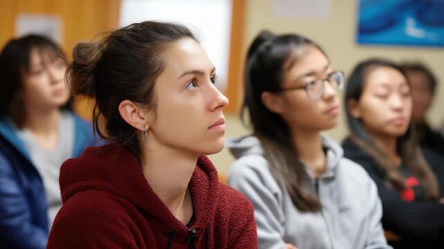 A young woman with a look of concentration in a classroom setting, symbolizing the pursuit of knowledge and the essence of learning among peers.