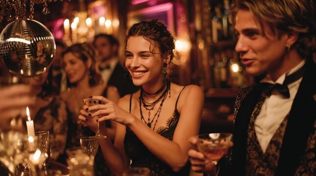 Cinematic, vibrant Halloween party scene: stylish young adults in creative costumes laugh and mingle in a dimly lit, elegantly decorated room. Moody candlelight, purple uplighting, and disco reflectio