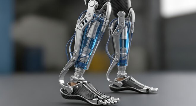 Detailed robotic legs with futuristic metallic design and advanced cybernetic prosthetic components