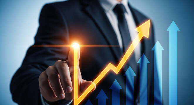 Businessman pointing to a glowing upward trending stock market graph