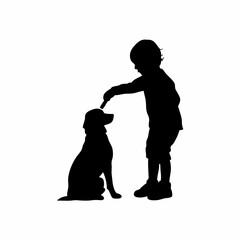 Child brushing pet dog silhouette isolated on white background