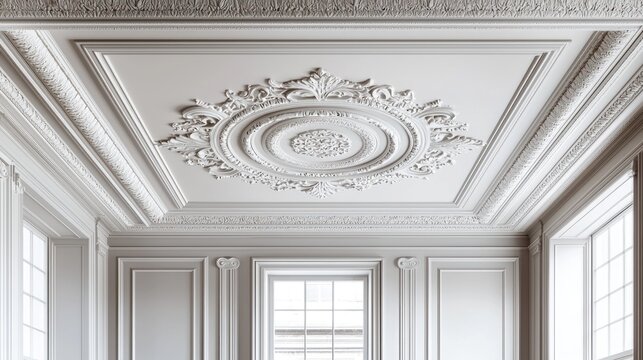 Ornate white ceiling with classical moldings and central medallion in a grand room - Powered by Adobe