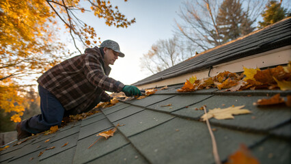 Man in plaid shirt cleaning roof from dry autumn leaves during seasonal maintenance in backyard home exterior perfect for repair service concepts, fall safety tips and house care visuals