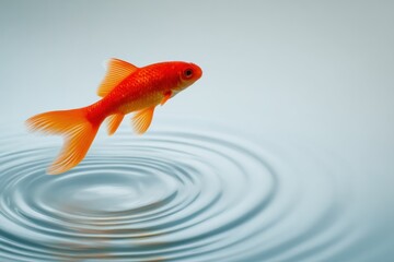 A vibrant orange goldfish leaping above calm water, creating concentric ripples