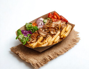 Delicious doner kebab box meal with fries and salad