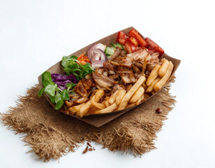 Delicious shawarma platter with fresh toppings and fries