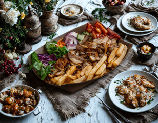 Delicious middle eastern shawarma platter with fresh vegetables and sides