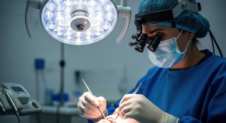 Surgeon in sterile scrubs and surgical mask performing delicate operation under bright operating room lights