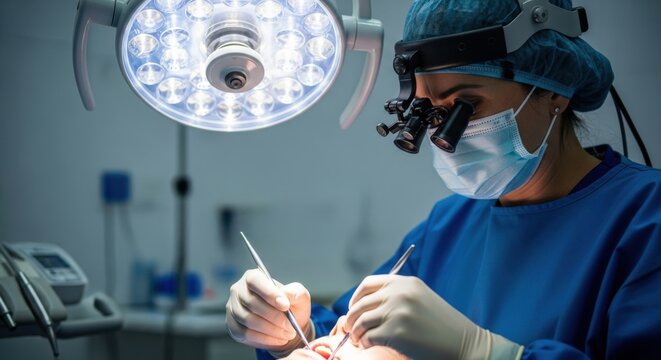 Surgeon in sterile scrubs and surgical mask performing delicate operation under bright operating room lights - Powered by Adobe