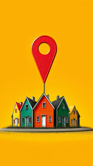 Real estate concept vector illustration of location pin, abstract colorful background.