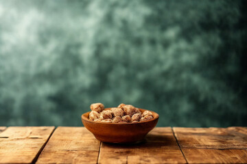 Rustic bowl of nuts on wooden table with moody green background