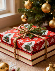 Festive Christmas tree decoration with red and gold gifts, presents, and bows for the holiday season