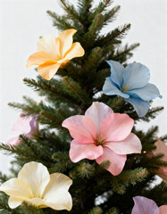Illustration of beautiful blooming flowers, tree decoration with gifts, presents and red and gold bows for the holiday season.