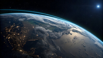 Obraz premium Planet Earth view from space with glowing city lights, dramatic atmosphere and bright sun rising over horizon ideal for science visuals, climate awareness and futuristic concepts