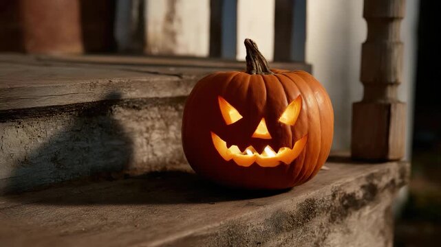 A carved pumpkin with a spooky face, flickering lights inside, set on a wooden step, capturing the festive spirit of Halloween in a charming outdoor setting.