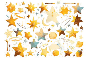 Collection Of Stylized Celestial Elements On Transparent Background With Golden Yellow And Teal Star Shapes And Cosmic Dust