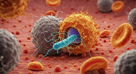 Microscopic view of a vibrant blue bacterium interacting with a textured orange cell, surrounded by gray cells and red blood cells in a detailed biological landscape