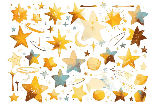 Collection Of Stylized Celestial Elements On Transparent Background With Golden Yellow And Teal Star Shapes And Cosmic Dust