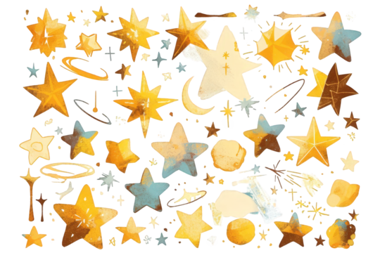 Collection Of Stylized Celestial Elements On Transparent Background With Golden Yellow And Teal Star Shapes And Cosmic Dust