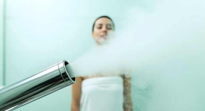 Woman undergoing cryotherapy treatment, inhaling cold mist from a specialized device in a spa setting. - Powered by Adobe