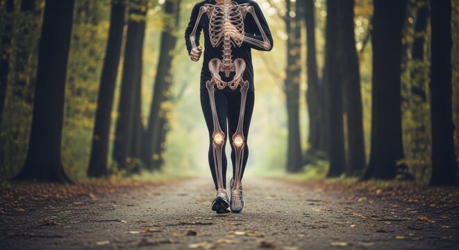 Person running with visible skeletal overlay on a tree-lined path, highlighting joint health