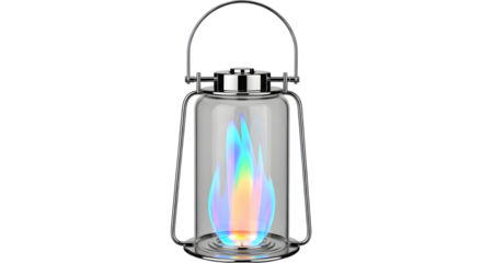 Vintage lantern with a rainbow flame a glowing light source for camping and outdoor adventures isolated on white