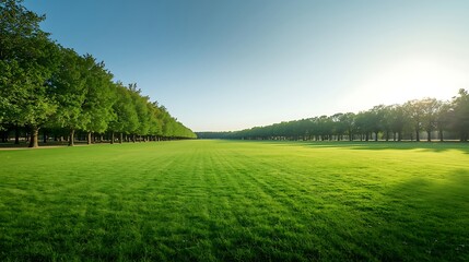 Obraz premium Beautiful Morning Light Shining Over Green Grass in Public Park