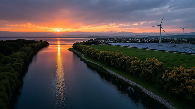 Cinematic wide-angle view of modern solar farms and elegant wind turbines under a colorful sunset sky representing clean energy and sustainable innovation
