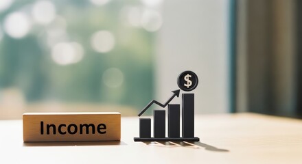 A symbolic representation of income growth with a rising bar graph and a coin, paired with an Income block, against a blurred background. Financial success.