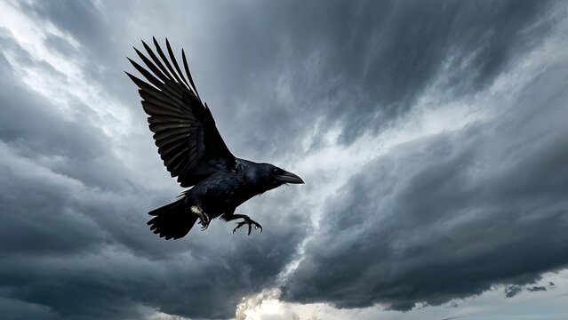 A black raven flying against a stormy sky, wings spread dramatically