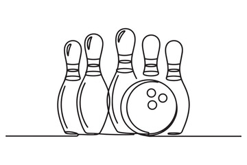 Single one line drawing bowling ball and pins. Sports equipment bowling sport game. one line Icon drawing with white background