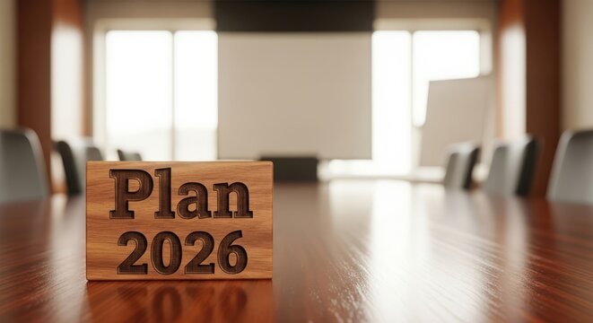 A boardroom table focuses on a wooden plaque marked Plan 2026, embodying future strategies. The blurred backdrop features chairs and a presentation screen. - Powered by Adobe
