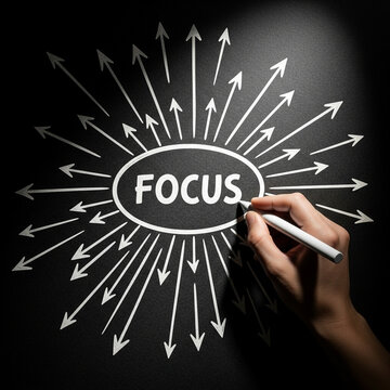 Hand drawing the word focus surrounded by radiating arrows on a chalkboard